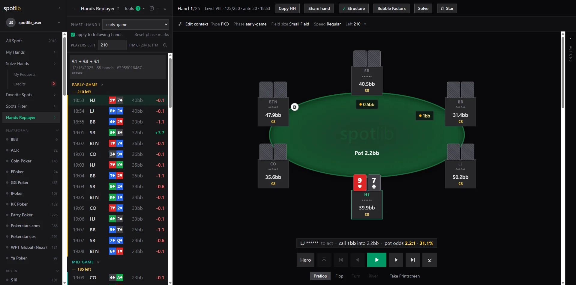 Replayer de mãos de torneio de poker com a mesa e a lista de mãos por fase
